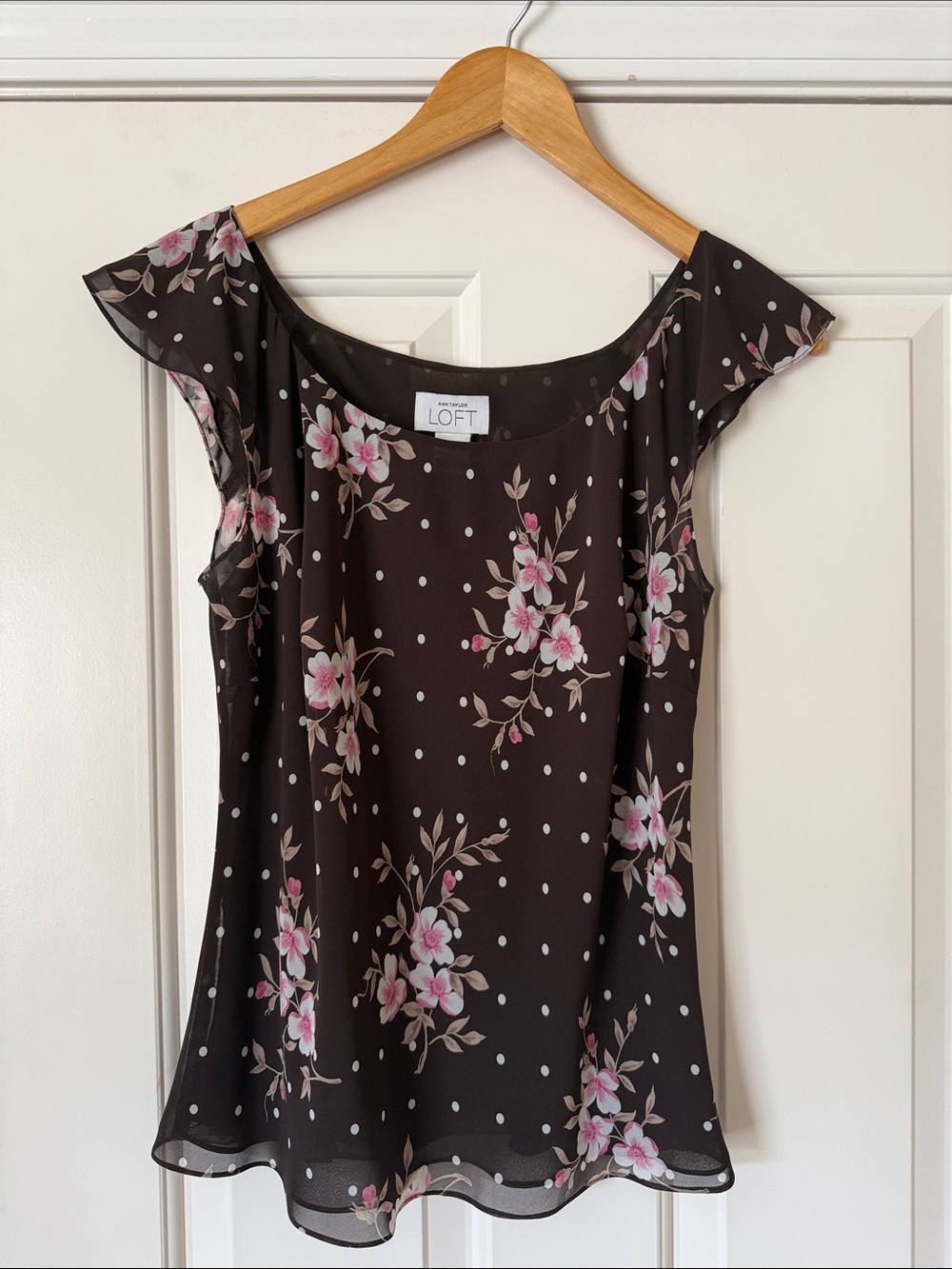 LOFT Brown Floral & Polka Dot Flutter-Sleeve Blouse